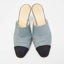 Chanel Blue/Black Denim CC Cap Toe Mules Size 38.5