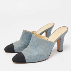 Chanel Blue/Black Denim CC Cap Toe Mules Size 38.5