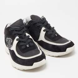 Chanel Black/White Suede and Canvas CC Low Top Sneakers Size 38