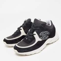 Chanel Black/White Suede and Canvas CC Low Top Sneakers Size 38