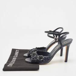 Chanel Navy Blue Leather Camellia Applique Ankle Strap Sandals Size 38