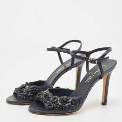 Chanel Navy Blue Leather Camellia Applique Ankle Strap Sandals Size 38