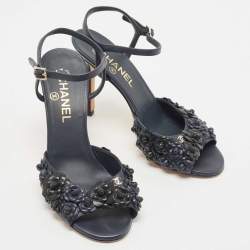 Chanel Navy Blue Leather Camellia Applique Ankle Strap Sandals Size 38
