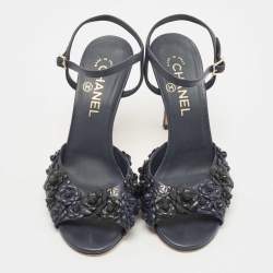 Chanel Navy Blue Leather Camellia Applique Ankle Strap Sandals Size 38