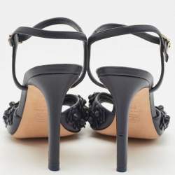 Chanel Navy Blue Leather Camellia Applique Ankle Strap Sandals Size 38