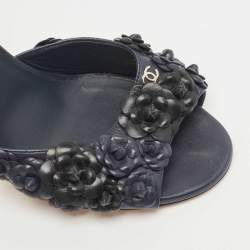Chanel Navy Blue Leather Camellia Applique Ankle Strap Sandals Size 38