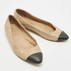 Chanel Beige/Black Quilted Leather Ballet Flats Size 38