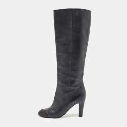 Chanel Navy Blue Leather Cap Toe Knee Length Boots Size 38.5