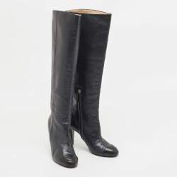 Chanel Navy Blue Leather Cap Toe Knee Length Boots Size 38.5