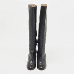 Chanel Navy Blue Leather Cap Toe Knee Length Boots Size 38.5