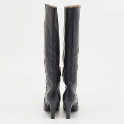 Chanel Navy Blue Leather Cap Toe Knee Length Boots Size 38.5