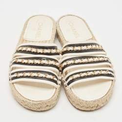 Chanel Black/White Leather Chain-Link Accent Espadrilles Size 38