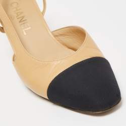 Pre Owned Chanel Beige/Black Leather and Fabric Cap Toe CC D'orsay Slingback Pumps Size 36.5