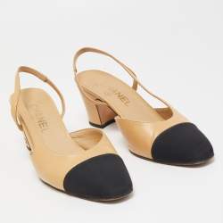 Pre Owned Chanel Beige/Black Leather and Fabric Cap Toe CC D'orsay Slingback Pumps Size 36.5