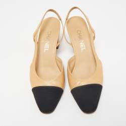 Pre Owned Chanel Beige/Black Leather and Fabric Cap Toe CC D'orsay Slingback Pumps Size 36.5