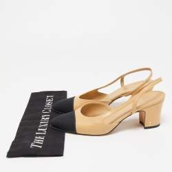 Pre Owned Chanel Beige/Black Leather and Fabric Cap Toe CC D'orsay Slingback Pumps Size 36.5