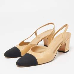Pre Owned Chanel Beige/Black Leather and Fabric Cap Toe CC D'orsay Slingback Pumps Size 36.5