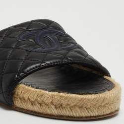 Pre Owned Chanel Black Quilted Leather CC Espadrille Flats Size 40