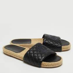 Pre Owned Chanel Black Quilted Leather CC Espadrille Flats Size 40