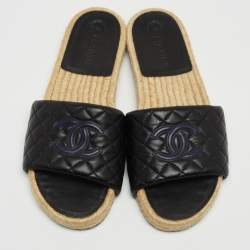 Pre Owned Chanel Black Quilted Leather CC Espadrille Flats Size 40