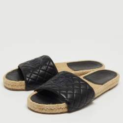 Pre Owned Chanel Black Quilted Leather CC Espadrille Flats Size 40