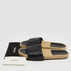 Pre Owned Chanel Black Quilted Leather CC Espadrille Flats Size 40