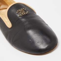Pre Owned Chanel Black/Beige Leather CC Smoking Slippers Size 39.5