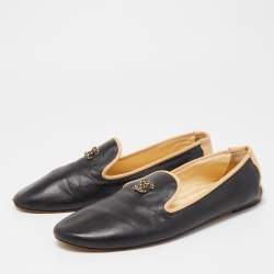 Pre Owned Chanel Black/Beige Leather CC Smoking Slippers Size 39.5