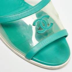 Chanel Green Leather and PVC CC Slide Sandals Size 41