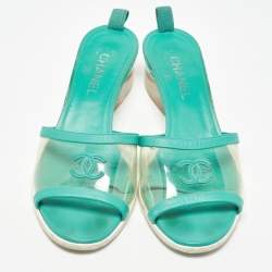 Chanel Green Leather and PVC CC Slide Sandals Size 41