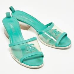 Chanel Green Leather and PVC CC Slide Sandals Size 41