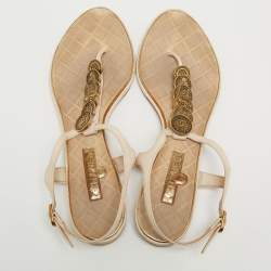 Chanel Beige Leather CC Coin Thong Strap Flat Sandals Size 39.5