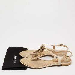 Chanel Beige Leather CC Coin Thong Strap Flat Sandals Size 39.5