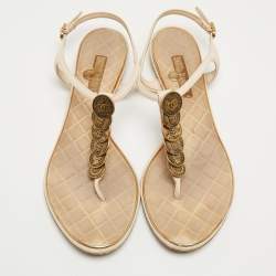 Chanel Beige Leather CC Coin Thong Strap Flat Sandals Size 39.5