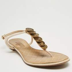 Chanel Beige Leather CC Coin Thong Strap Flat Sandals Size 39.5