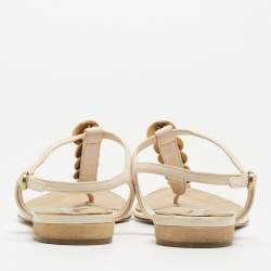Chanel Beige Leather CC Coin Thong Strap Flat Sandals Size 39.5