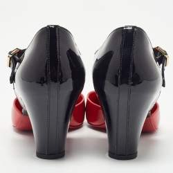 Pre Owned Chanel Red/Black Patent Leather Mary Jane Wedge Pumps Size 38.5