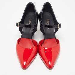 Pre Owned Chanel Red/Black Patent Leather Mary Jane Wedge Pumps Size 38.5