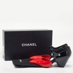 Pre Owned Chanel Red/Black Patent Leather Mary Jane Wedge Pumps Size 38.5
