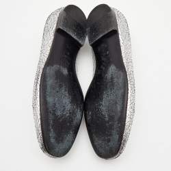 Pre Owned Chanel Silver Crackled Leather Interlocking CC Camelia Smoking Slippers Size 37.5