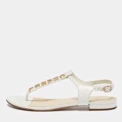 Chanel White Leather Logo T-Bar Flat Sandals Size 37.5