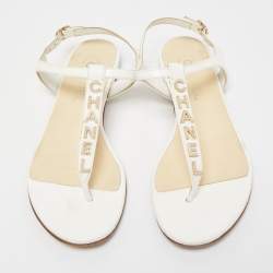 Chanel White Leather Logo T-Bar Flat Sandals Size 37.5
