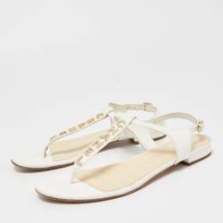 Chanel White Leather Logo T-Bar Flat Sandals Size 37.5