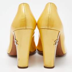 Chanel Yellow Patent Leather CC Open Toe Pumps Size 38