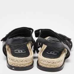 Chanel Black Leather and Grosgrain Velcro Dad Sandals Size 35