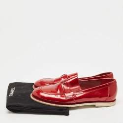 Pre Owned Chanel Red Patent Leather CC  Loafers Size 37.5