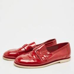 Pre Owned Chanel Red Patent Leather CC  Loafers Size 37.5