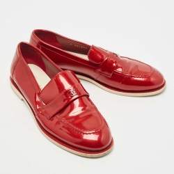 Pre Owned Chanel Red Patent Leather CC  Loafers Size 37.5