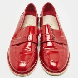Pre Owned Chanel Red Patent Leather CC  Loafers Size 37.5
