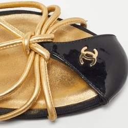 Pre Owned Chanel Gold/Black Leather and Patent CC Ankle Strap Sandals Size 38.5